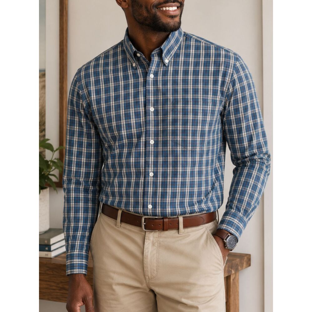 Dockers Blue Plaid Button Down Shirt Men's Large Cotton Blend Casual Career L